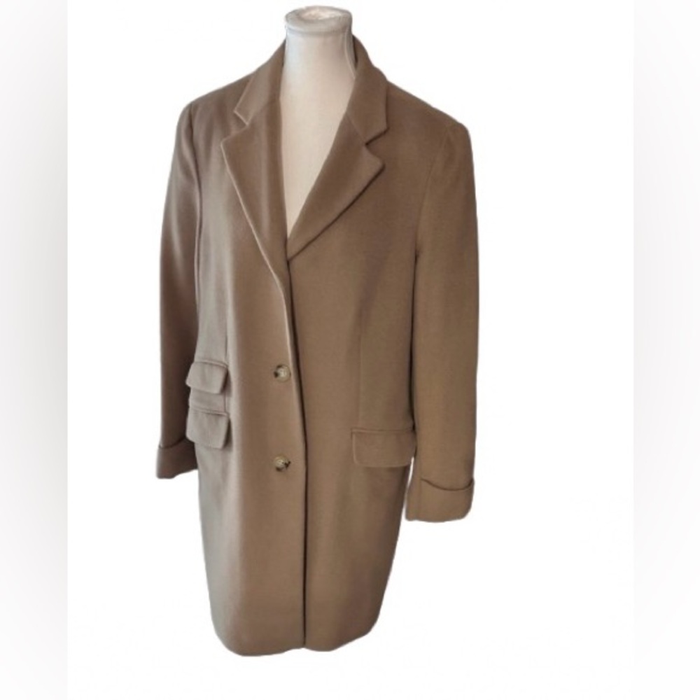 Vintage RALPH LAUREN Tan Camel Coat Jacket Designer Plus 16 Logo 1X Wool Blend